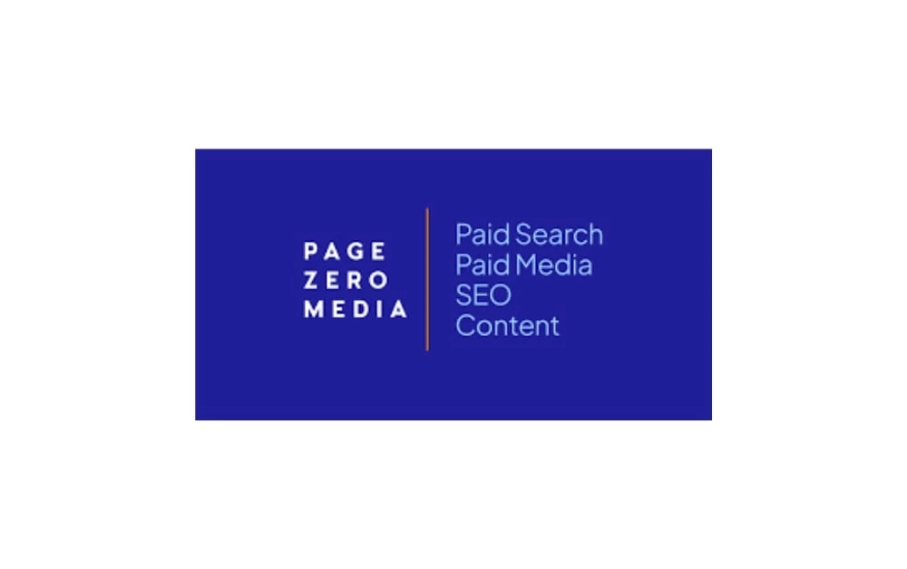Navy blue rectangular logo featuring the text "PAGE ZERO MEDIA" on the left and service keywords “Paid Search, Paid Media, SEO, Content” listed vertically on the right in light blue font.
