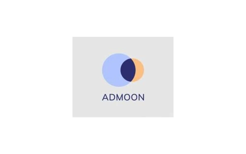 Abstract, overlapping circle design in soft blue and orange, representing the Admoon brand, with the company name "ADMOON" in dark blue text below.