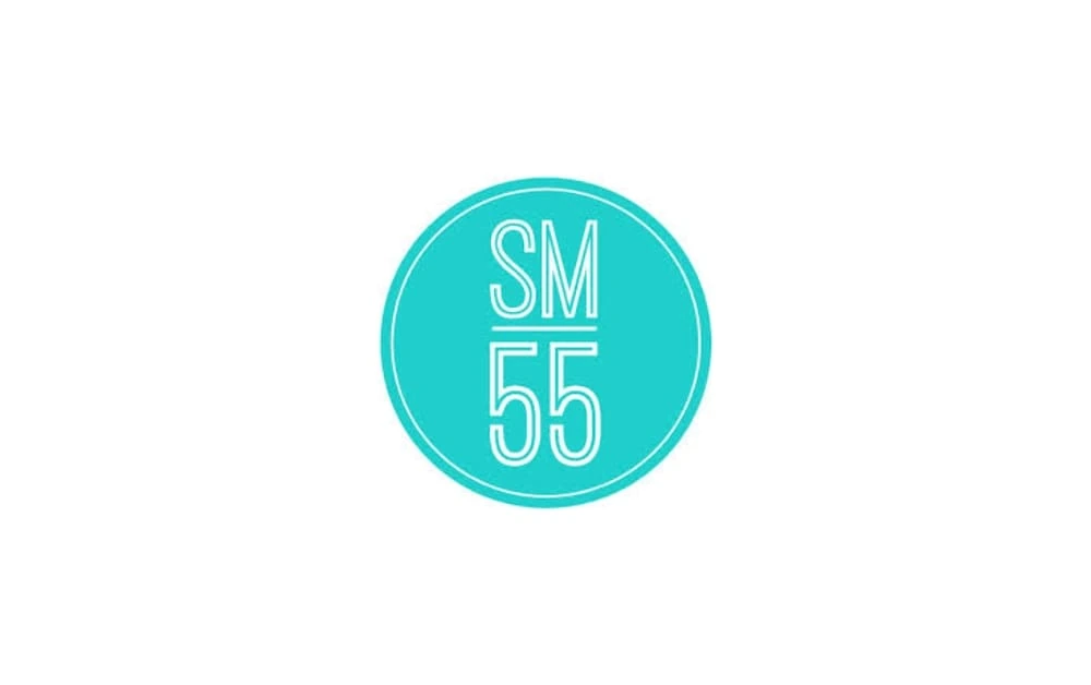 Aqua blue circular logo containing the initials "SM 55" in thin, white, modern typography, representing the brand identity of Social Media 55.