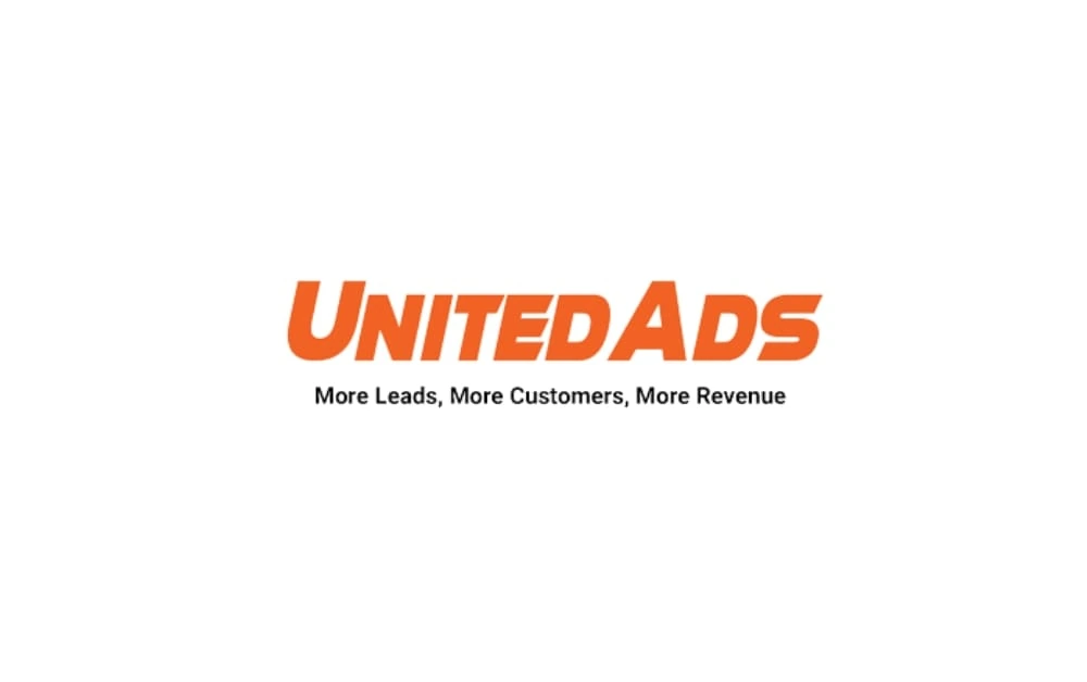 Orange-colored "UnitedAds" logo with bold italic typography, accompanied by the tagline "More Leads, More Customers, More Revenue" in black text on a white background.