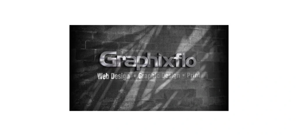 "GraphixFlo logo displayed on a dark textured brick wall, showcasing their expertise in web design, graphic design, and print services."