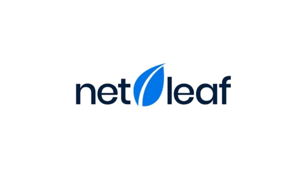 Netleaf logo with simple blue leaf icon and clean lowercase typography