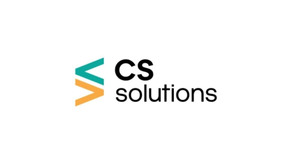 Logo of CS Web Solutions featuring angled teal and orange lines forming a stylized "C" and "S" beside the words “CS Solutions” in bold black font.