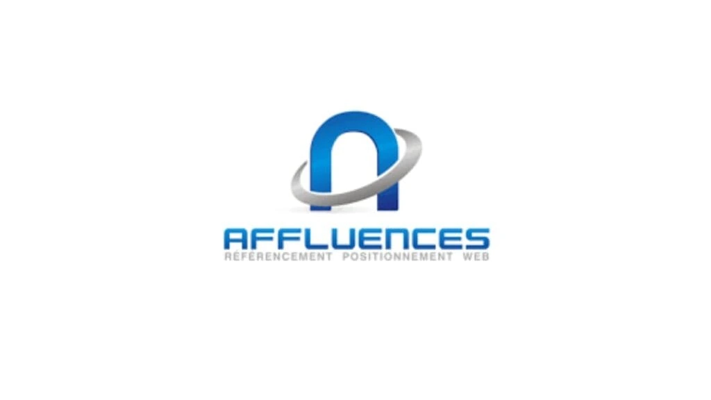 AFFLUENCES SEO agency logo with 3D blue letter A and silver orbit line, French tagline