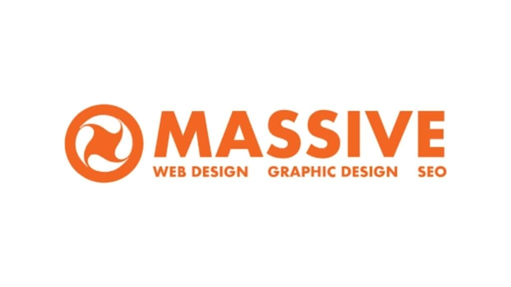"Massive Web Design logo in bold orange font with a circular swirl icon, highlighting services in web design, SEO, and graphic design."