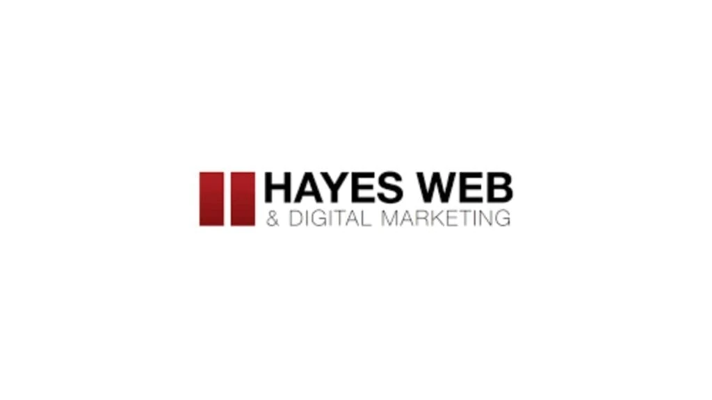 "Hayes Web logo with red double bars and bold black text, representing a Hamilton-based agency focused on web design and digital marketing."