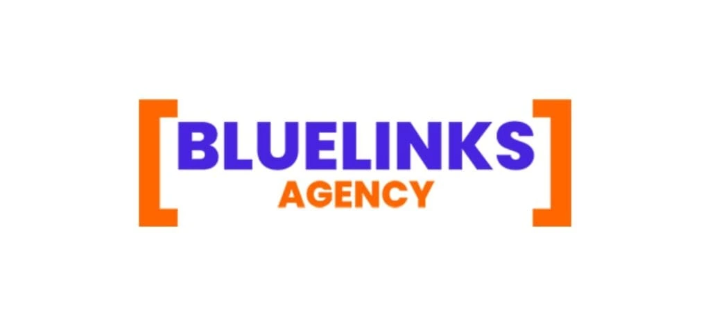 Bluelinks Agency logo with uppercase purple and orange text enclosed in bold orange brackets, reflecting a modern and energetic brand offering digital marketing and reputation management across multiple countries.