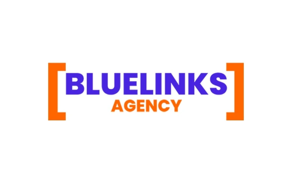 Bluelinks Agency logo showing purple “BLUELINKS” and orange “AGENCY” text enclosed in orange square brackets, symbolizing digital clarity and structure.