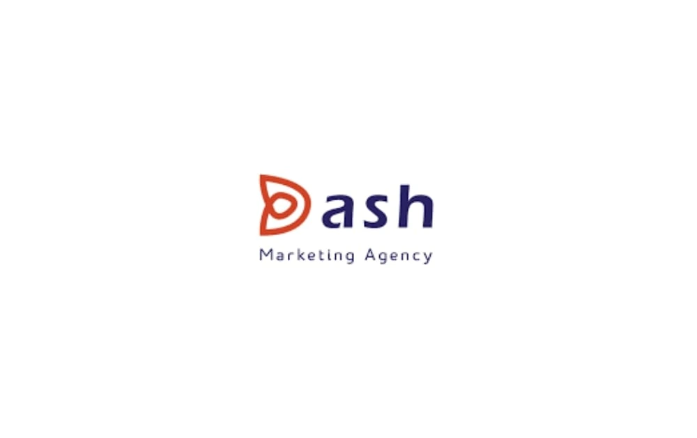 Logo of Dash Marketing Agency — featuring an abstract red emblem with navy-blue text, showcasing a creative agency known for social-first campaigns in Winnipeg.