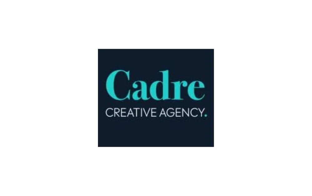 Logo of Cadre Creative Agency with “Cadre” written in bold turquoise font and “CREATIVE AGENCY.” in white uppercase letters on a dark navy background.