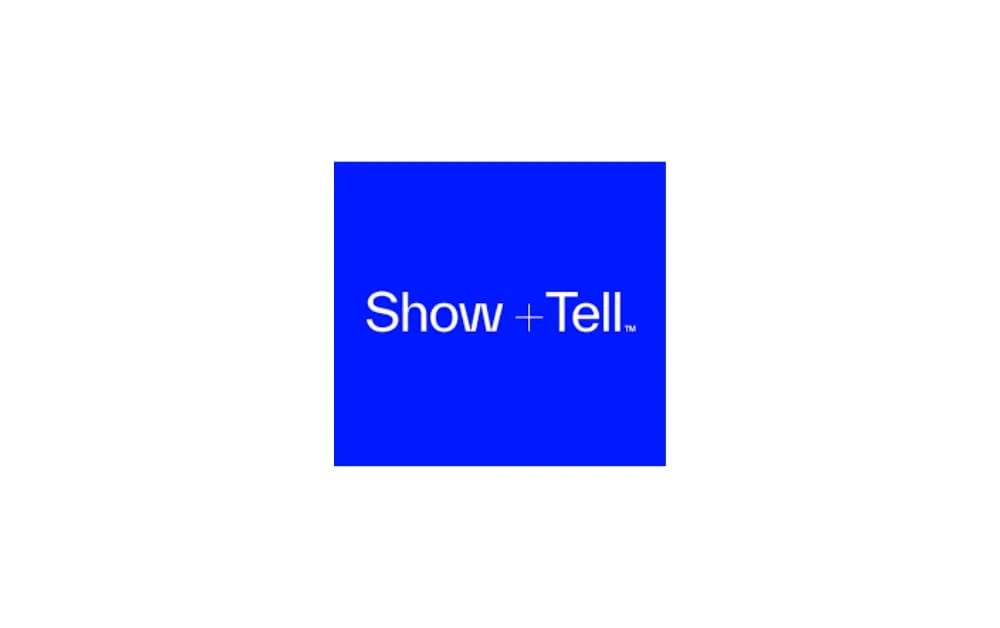 Logo of The Show and Tell Agency with the text “Show + Tell” in white on a bright blue square background.