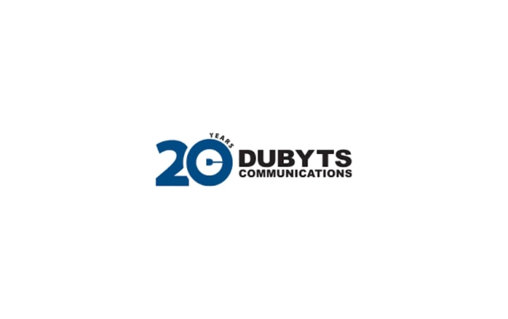 Logo showing a bold blue “20 Years” emblem with the name “DUBYTS COMMUNICATIONS” in solid black uppercase letters next to it, celebrating their 20-year milestone.