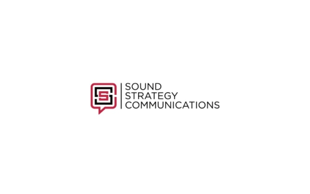 Modern logo featuring a speech bubble with interlocking red and black "S" letters, followed by the name “Sound Strategy Communications” in sleek, black text.