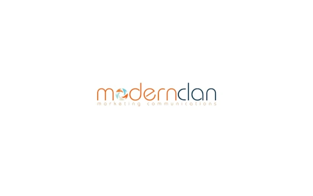 Clean logo with the words “modern clan” in lowercase — “modern” in orange, “clan” in navy — with a colorful circular design inside the letter “o”; tagline “marketing communications” underneath.