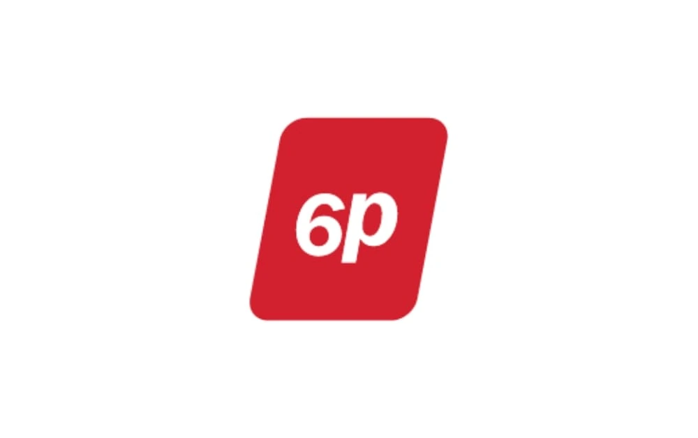 6P Marketing logo displaying a bold white “6p” on a red, slanted square background.