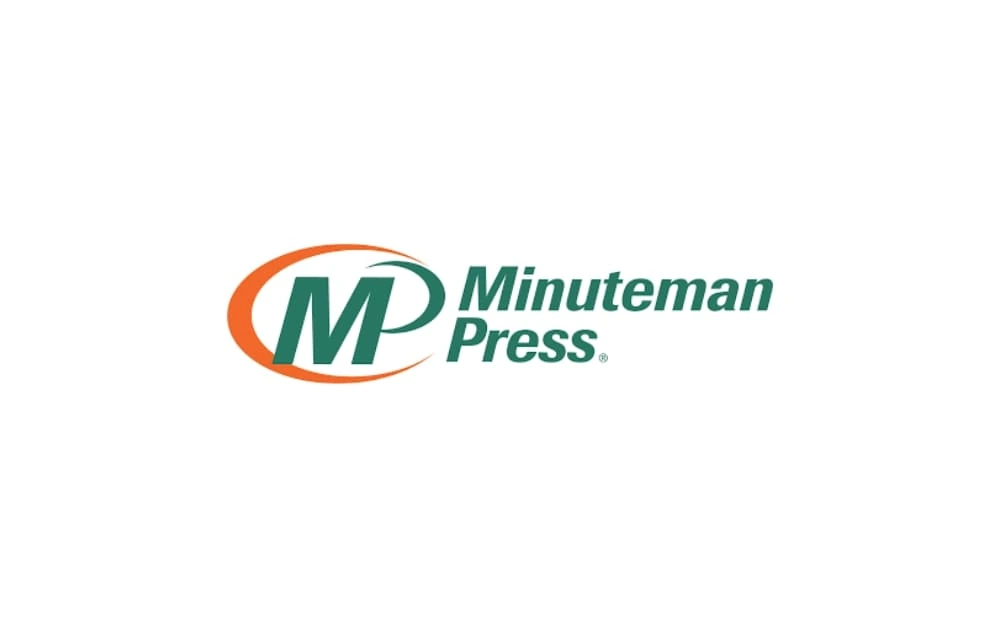Minuteman Press logo showing a green "M" encircled by an orange swoosh with the words "Minuteman Press" in green text.