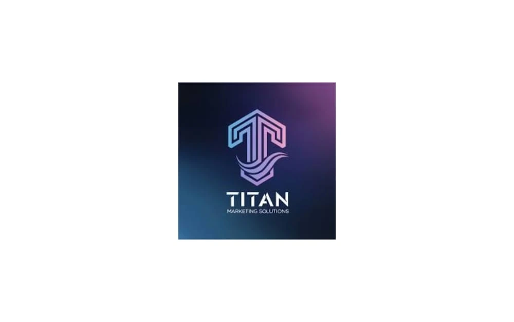 Logo of Titan Marketing Solutions featuring a stylized "T" with layered wave elements in blue and purple gradient on a dark background.