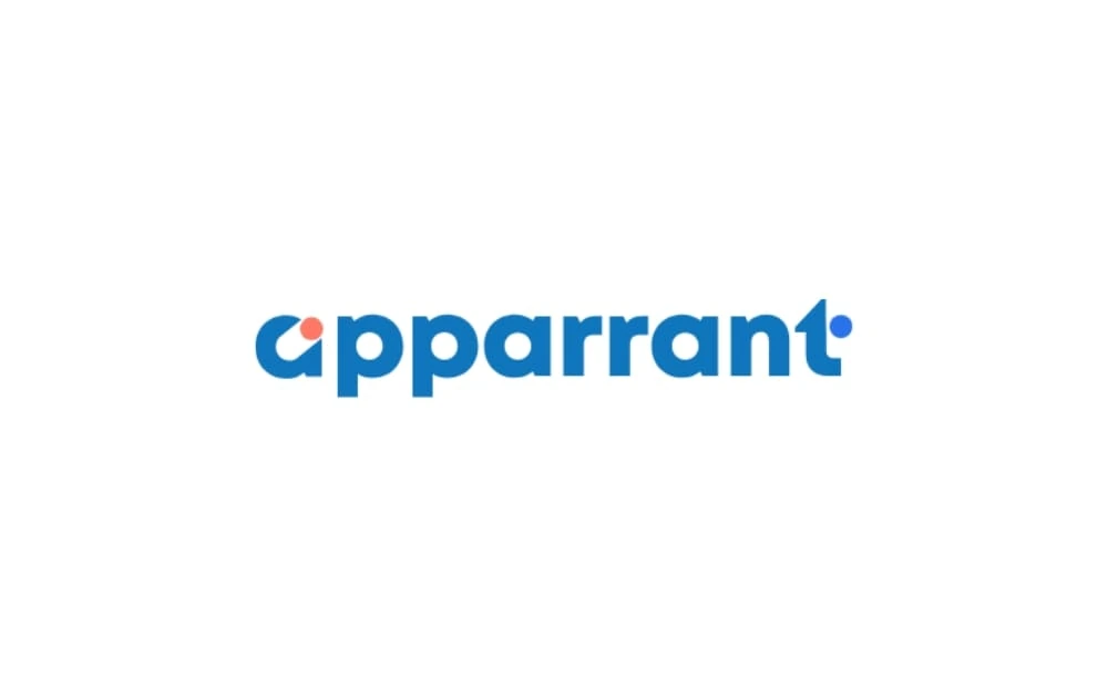 Modern, rounded blue logo text “apparrant” with pink and blue circular accents over the “a” and “t”, on a clean white background.
