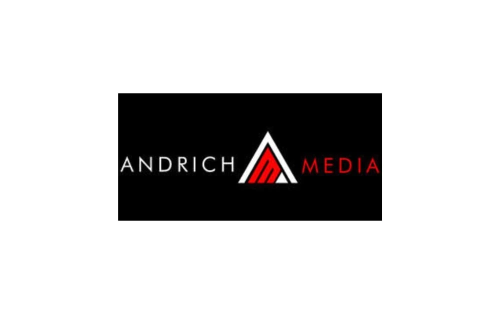 Black rectangle logo with “ANDRICH” in white and “MEDIA” in red, separated by a stylized white and red triangle-shaped “A”.
