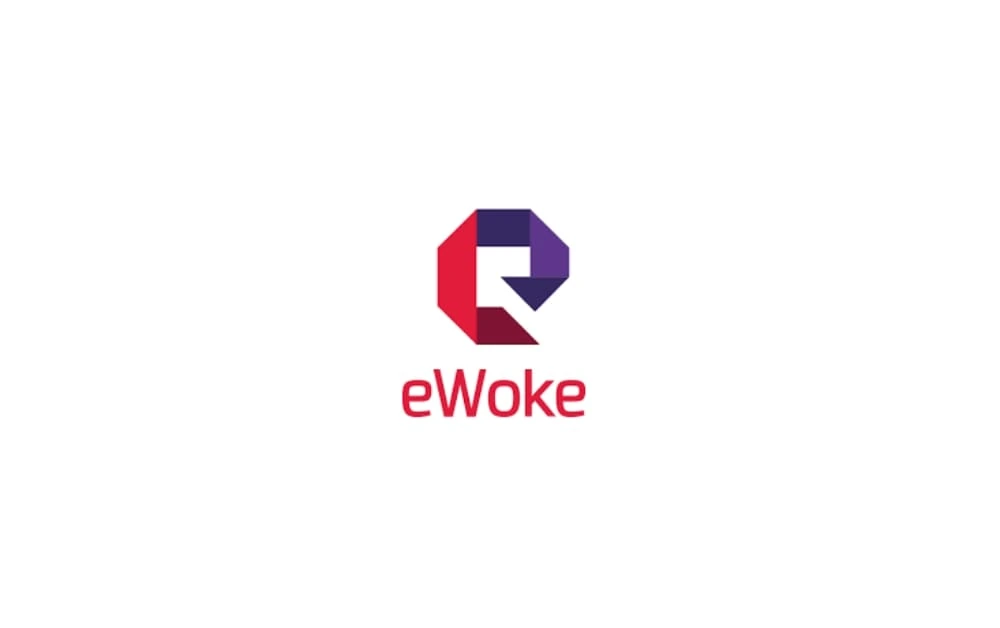 Geometric red and purple “eW” icon forming an abstract hexagon shape, with the word “eWoke” in red beneath it, on a white background.