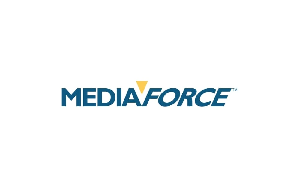 Mediaforce logo displaying bold blue uppercase text with a yellow triangle accent between the words “Media” and “Force.”