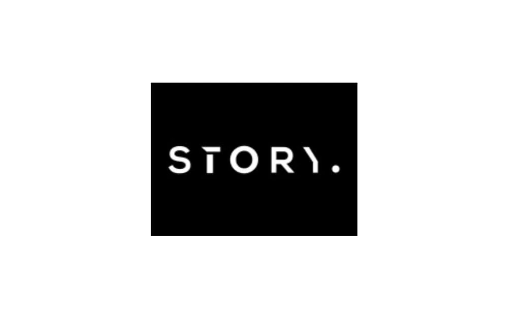 Modern black and white logo with the word “STORY.” in minimalist sans-serif font on a black background, representing Your Story Agency.