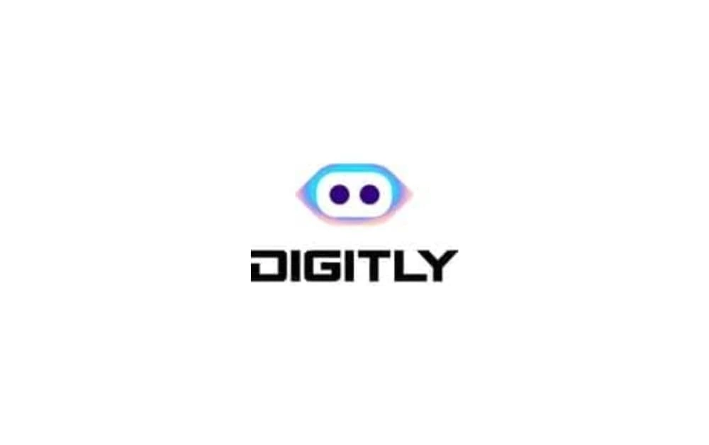 Digitly logo with a futuristic icon resembling digital eyes above bold black text, combining tech and modern design elements.