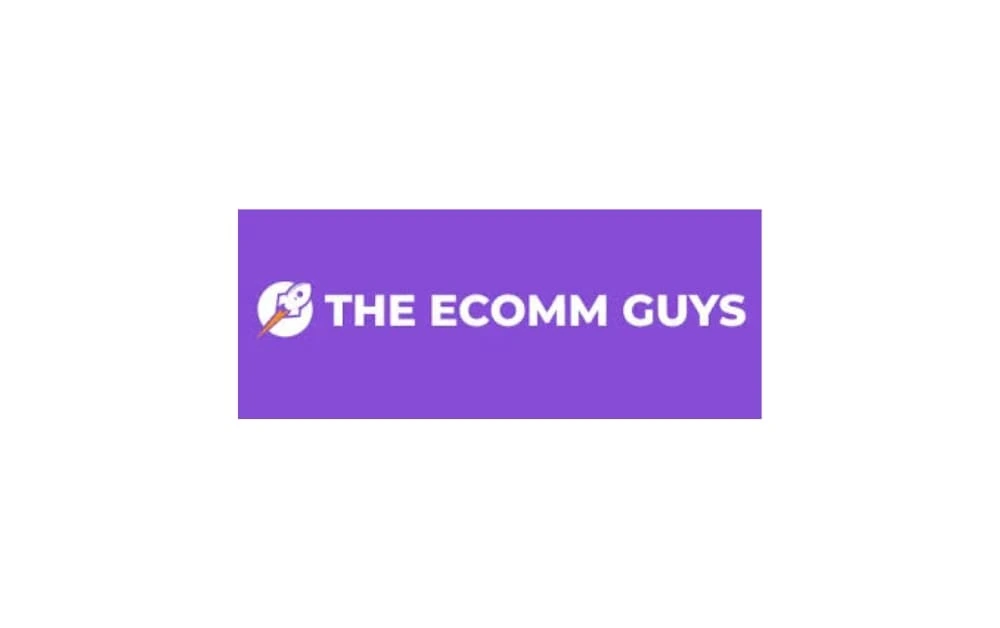 Logo of The Ecomm Guys with a purple background, white text, and a small rocket icon.
