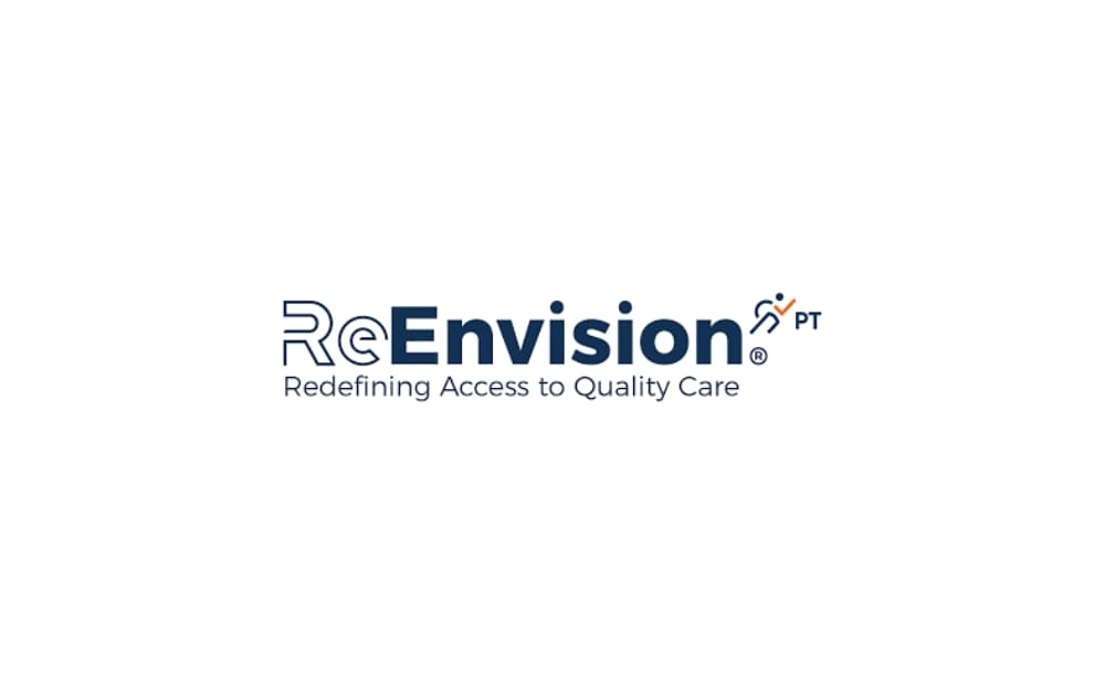 Logo of ReEnvision PT with navy text and the slogan βRedefining Access to Quality Care.β