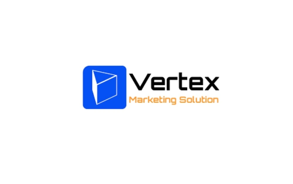 Logo of Vertex Marketing Solution showing a blue 3D box icon with black and orange text.