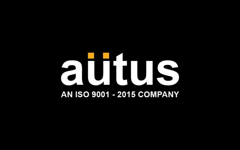 Autus logo in white on a black background with two orange dots, reflecting a certified ISO 9001 digital services company.