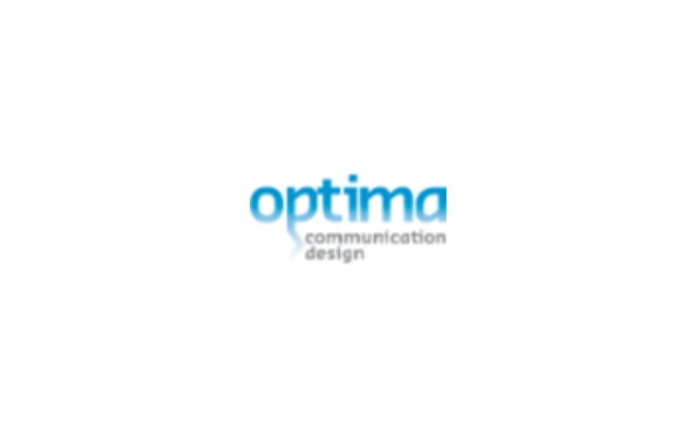 Optima Communication Design logo in blue gradient text, symbolizing modern communication and visual strategy services.