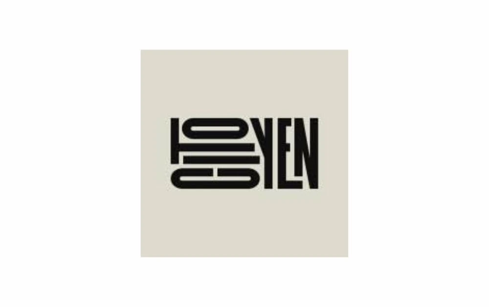 "Stylized black typography logo on a beige background displaying the word 'YEN' vertically, with mirrored and abstract geometric shapes forming the word 'LOVE' horizontally — a creative and modern graphic design logo concept."