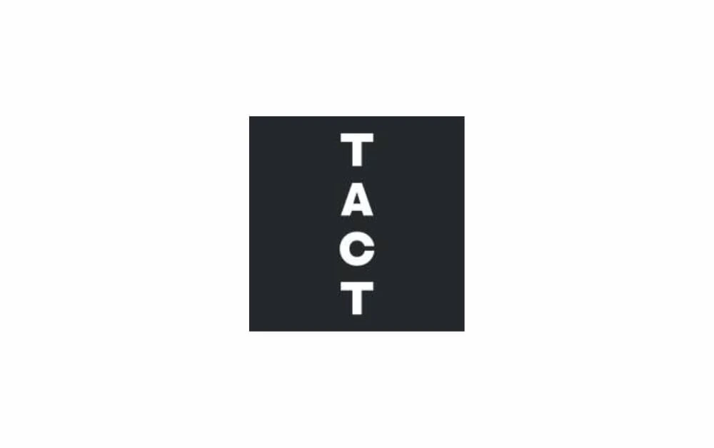 "Minimalist logo design featuring the word 'TACT' written vertically in bold white letters on a solid black square background, representing modern branding and clean typography."
