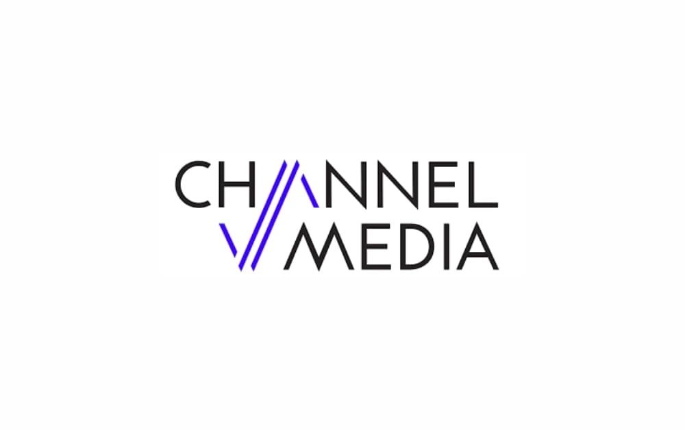 "Modern logo design for 'Channel V Media' featuring clean black typography with stylized overlapping blue diagonal lines forming a bold 'V' between the words 'Channel' and 'Media' on a white background — representing a creative digital media and marketing agency."