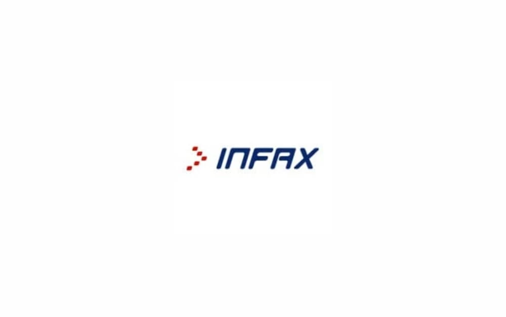 "Infax Logo: A minimalist and modern design featuring the word 'INFAX' in dark blue, accompanied by a dynamic red and blue dot pattern, symbolizing connectivity and information exchange."