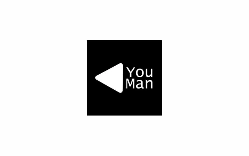 "YouMan Logo: A minimalist and striking design with a white play button icon on a black background, accompanied by the brand name 'YouMan' in white, symbolizing a forward-thinking and dynamic media or entertainment company."
