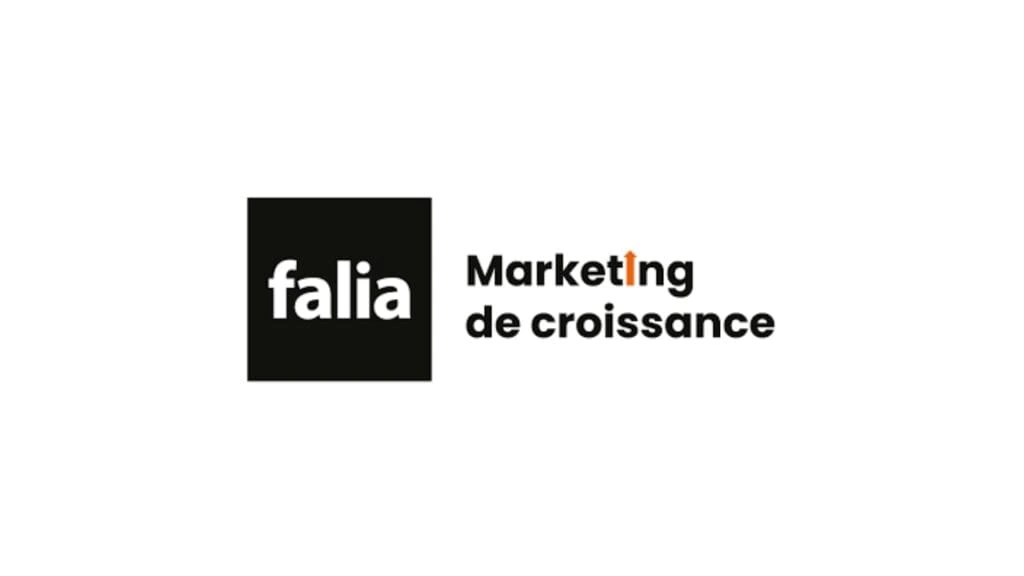 Falia logo with a black square and minimalist white text, combined with the French tagline “Marketing de croissance,” emphasizing the agency’s focus on growth marketing.