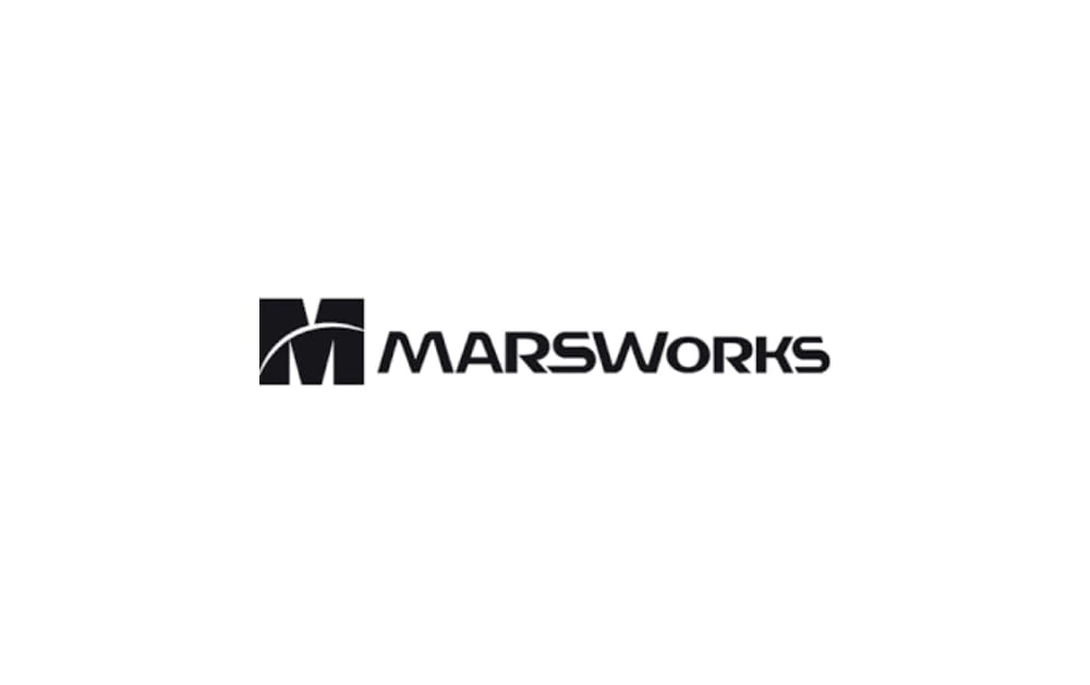 Modern black-and-white logo for MARSWorks featuring a bold “M” with a curved line through it, symbolizing digital innovation and creative development.