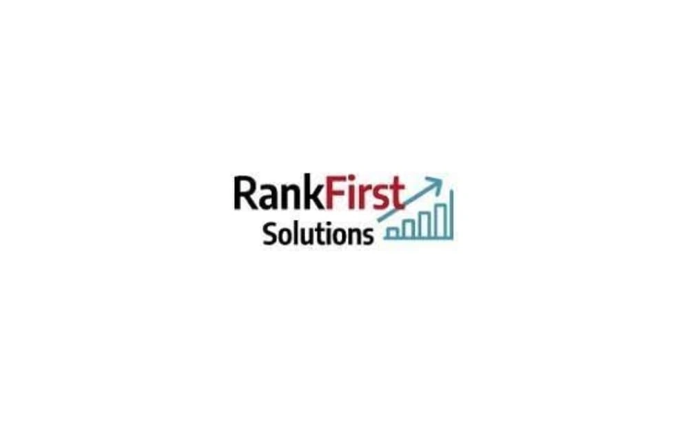 Logo of RankFirst Solutions showing a minimal red and black typeface with an upward trending graph icon in light blue and gray.