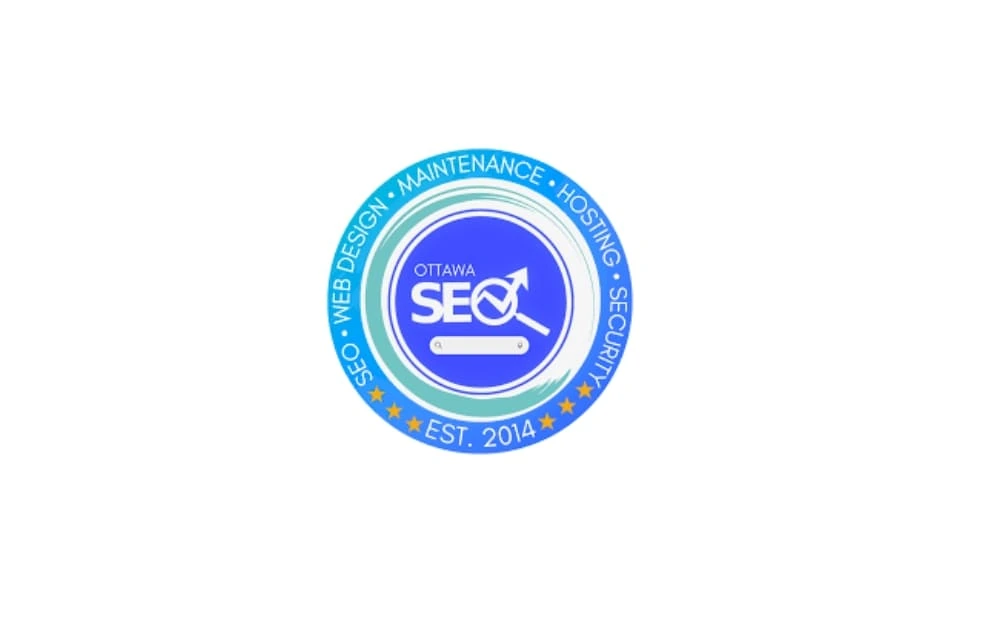 Logo of Ottawa SEO Inc. featuring a circular badge design with a blue and white color scheme. Includes phrases like “SEO,” “Web Design,” “Hosting,” and “Est. 2014.”
