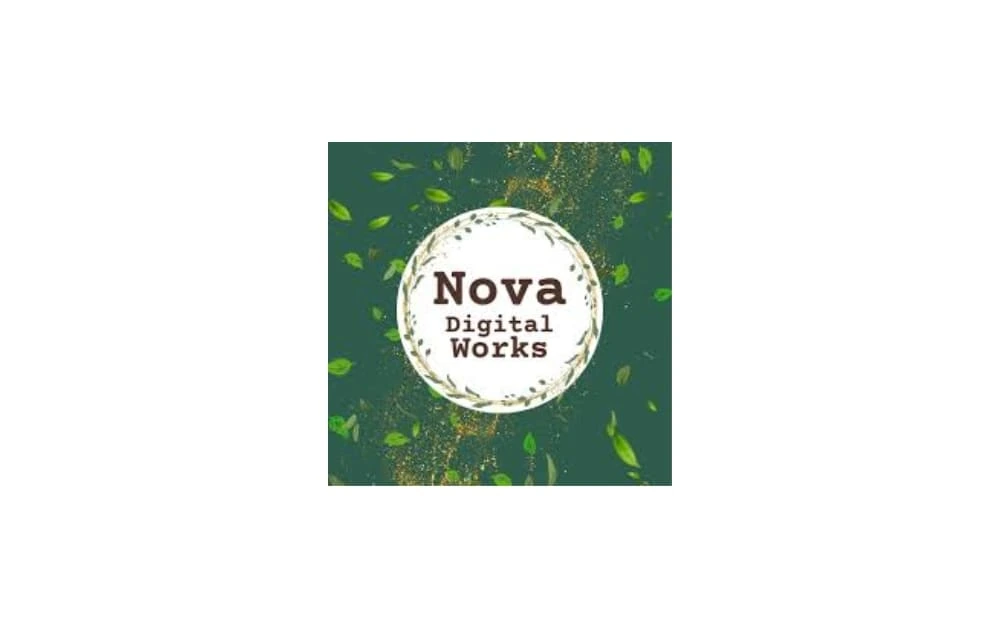 Logo of Nova Digital Works with a circular wreath design and the text “Nova Digital Works” centered inside, surrounded by a green leafy background.