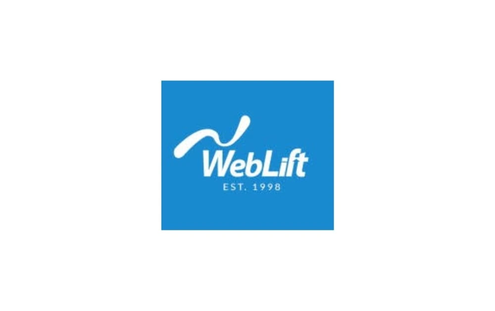 Logo of WebLift with a white script-style “W” icon above the word “WebLift” in white text, placed on a blue background, with “EST. 1998” written below.