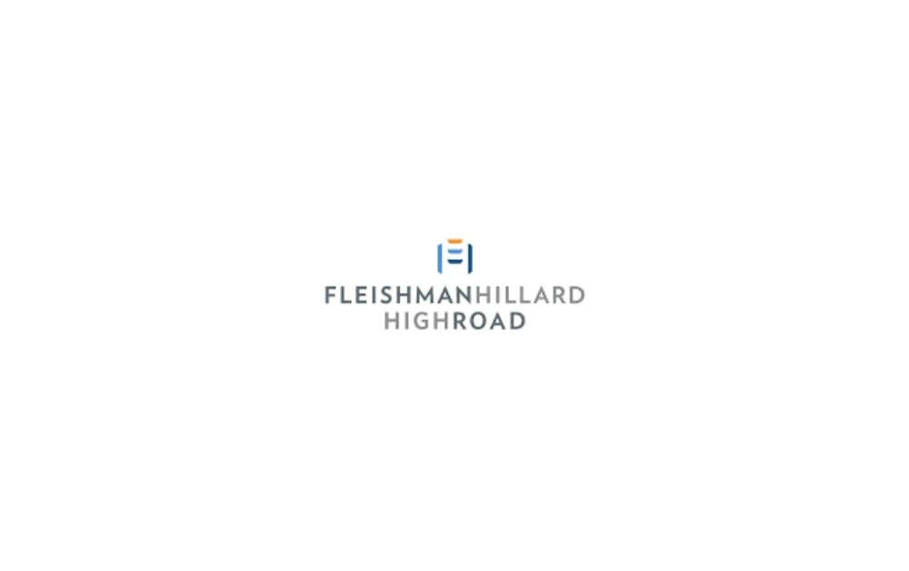 FleishmanHillard HighRoad logo with a minimalistic blue and orange monogram above the name in grey text.