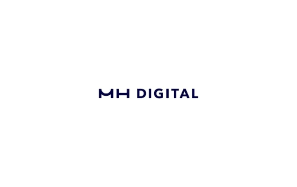 "MH Digital logo with simple navy-blue uppercase text on a white background"