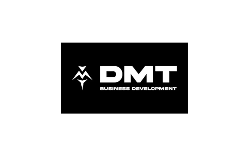 "DMT Business Development logo with bold white lettering on black background and sharp triangular emblem"