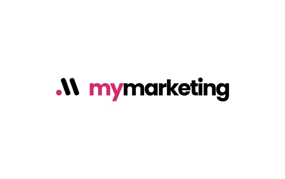 "myMarketing.io logo with bold black and pink text and modern dot-mark icon"