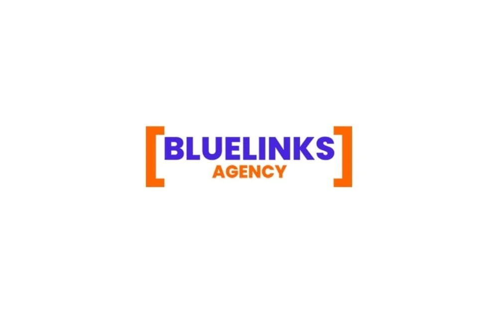"Bluelinks Agency logo with bold purple 'Bluelinks' and orange 'Agency' text inside orange brackets"