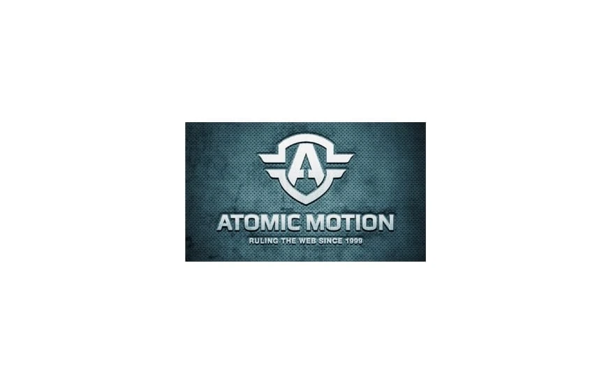 Retro-themed metallic badge logo with an "A" inside a shield, and the text "Atomic Motion – Ruling the web since 1999".