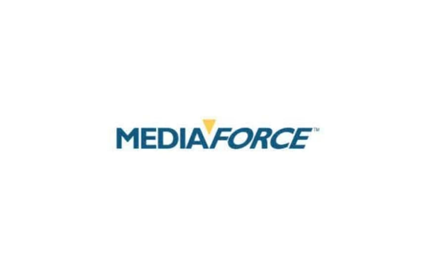 Logo of Mediaforce Digital Marketing Agency, showcasing the name in dark blue capital letters with a small yellow triangle inserted between "MEDIA" and "FORCE".